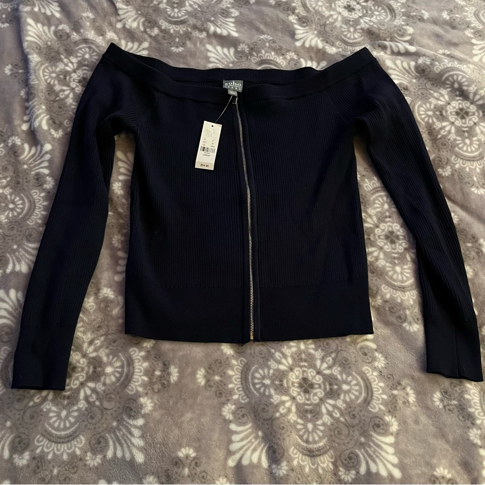 New York & Company Soho Off the Shoulder Navy Blue Fitted Sweater NWT